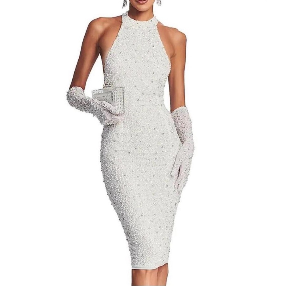 Retrofete Olivia Dress Elegant White Sleeveless Halter Dress Sequin - NWT